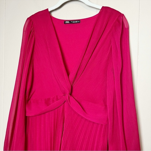 ZARA Pleated Midi Dress Large Fuchsia pink solid long sleeve flowy twist front - Picture 3 of 14